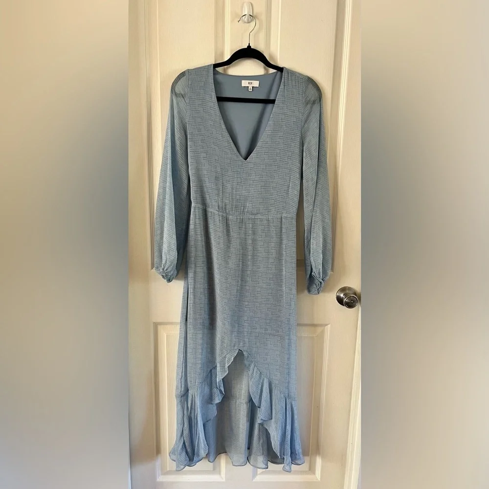NWOT Light Blue Overlay Sheer Dress, by NSR, Hi low, Sheer Long sleeves, Medium - Picture 9 of 15